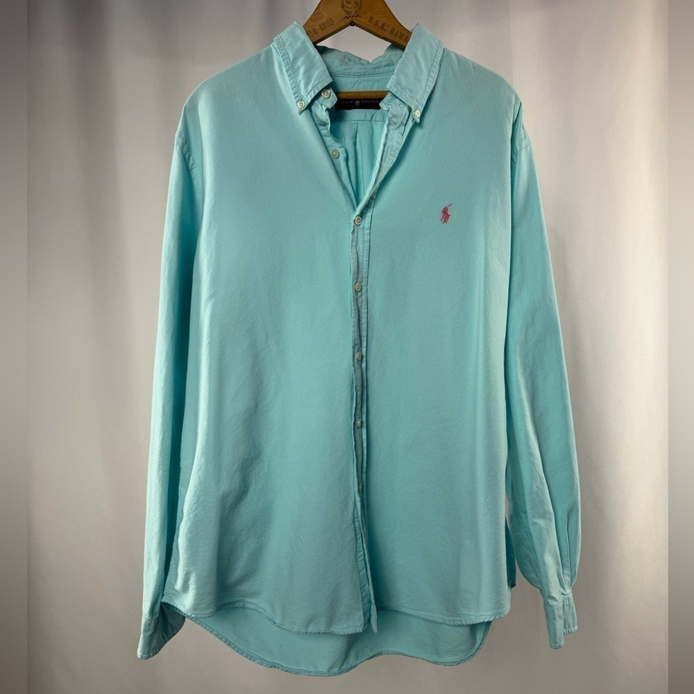 Ralph Lauren Cotton Casual Button Down Shirt in Light‎ Blue Pink Pony Size XL